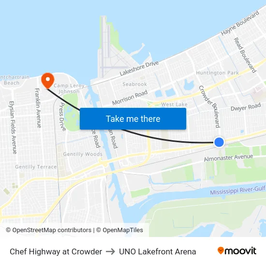 Chef Highway at Crowder to UNO Lakefront Arena map