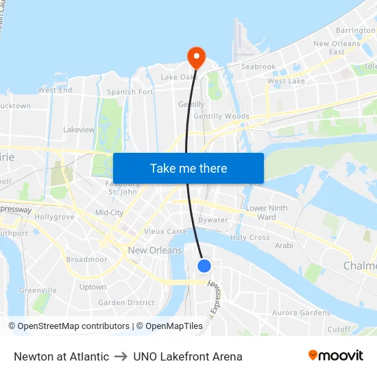 Newton at Atlantic to UNO Lakefront Arena map