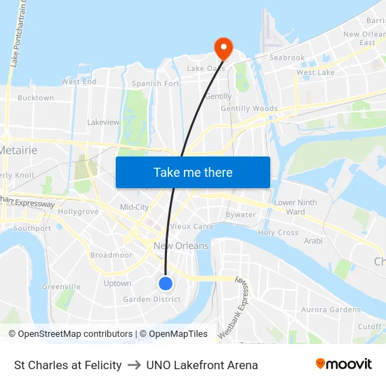 St Charles at Felicity to UNO Lakefront Arena map