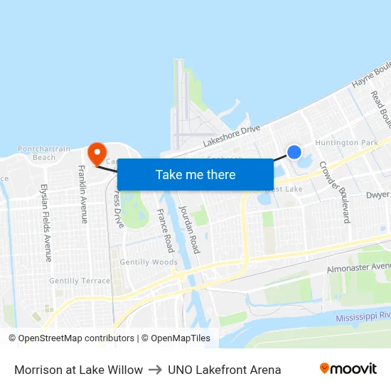 Morrison at Lake Willow to UNO Lakefront Arena map