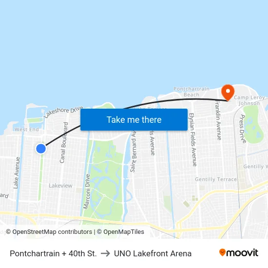 Pontchartrain + 40th St. to UNO Lakefront Arena map