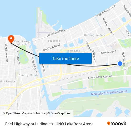 Chef Menteur Hwy. at Lurline St. to UNO Lakefront Arena map