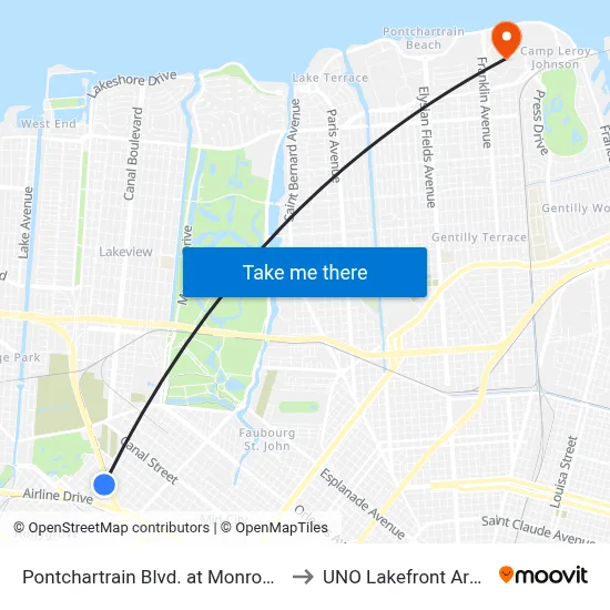 Pontchartrain Blvd. at Monroe St. to UNO Lakefront Arena map