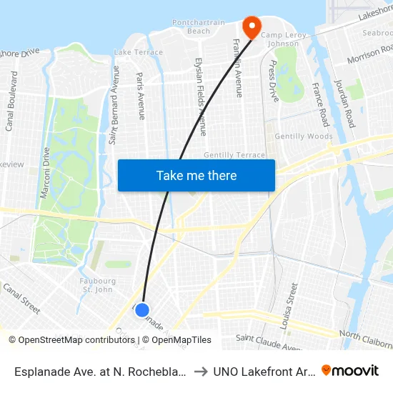 Esplanade Ave. at N. Rocheblave St. to UNO Lakefront Arena map