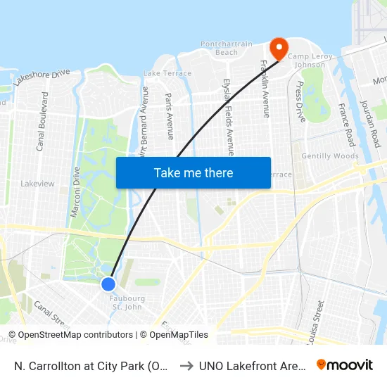 N. Carrollton at City Park (Out) to UNO Lakefront Arena map