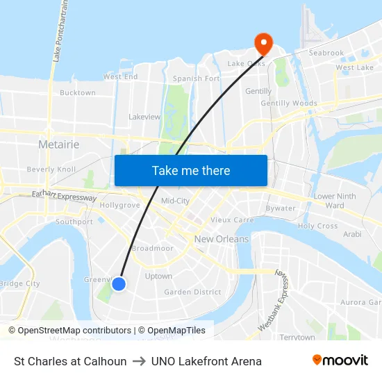 St Charles at Calhoun to UNO Lakefront Arena map