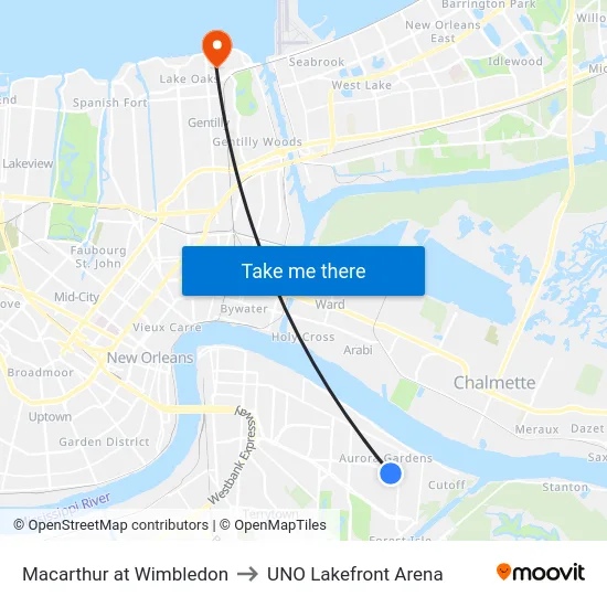 Macarthur at Wimbledon to UNO Lakefront Arena map