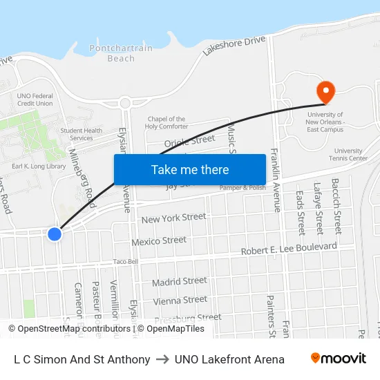 L C Simon And St Anthony to UNO Lakefront Arena map