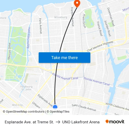 Esplanade Ave. at Treme St. to UNO Lakefront Arena map