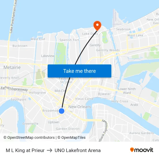 M L King at Prieur to UNO Lakefront Arena map