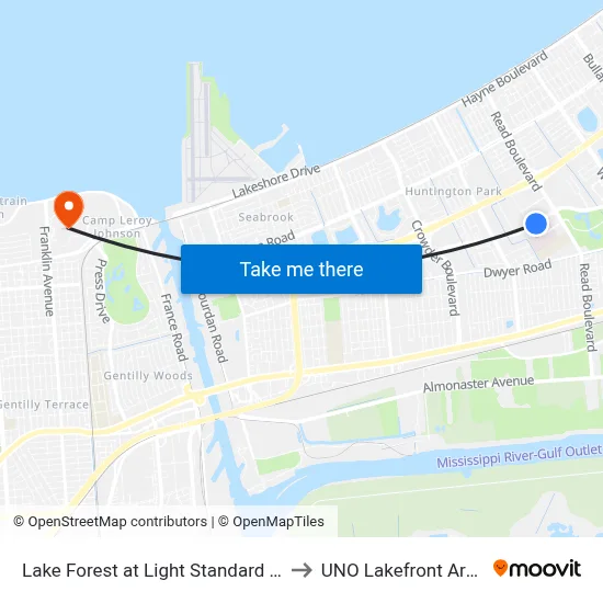 Lake Forest at Light Standard 110 to UNO Lakefront Arena map