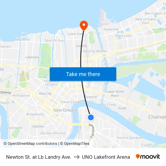 Newton St. at Lb Landry Ave. to UNO Lakefront Arena map