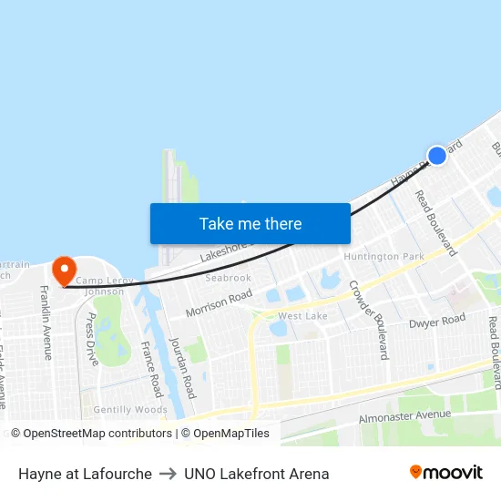 Hayne at Lafourche to UNO Lakefront Arena map