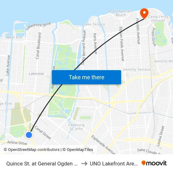 Quince St. at General Ogden St. to UNO Lakefront Arena map