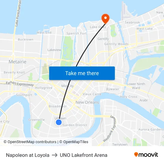 Napoleon at Loyola to UNO Lakefront Arena map