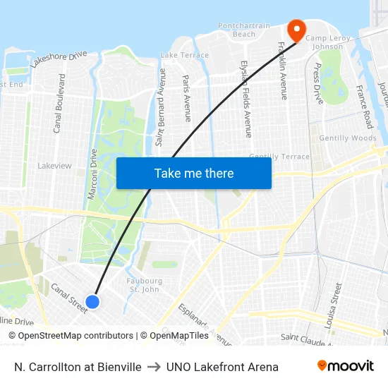 N. Carrollton at Bienville to UNO Lakefront Arena map
