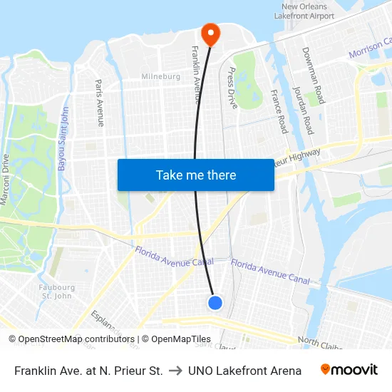 Franklin Ave. at N. Prieur St. to UNO Lakefront Arena map