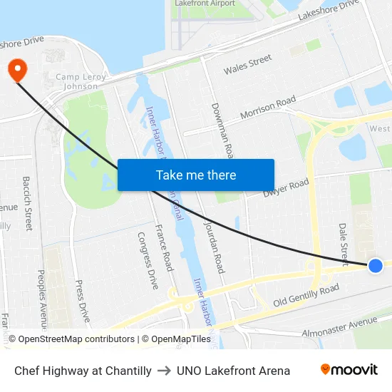 Chef Highway at Chantilly to UNO Lakefront Arena map
