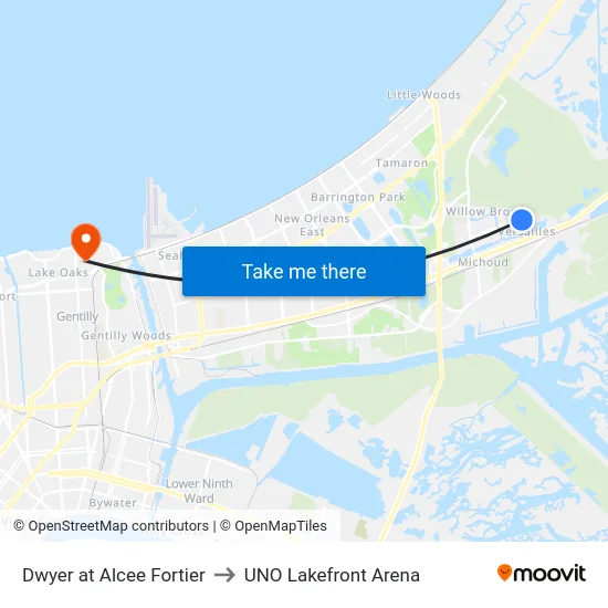 Dwyer Blvd. at Alcee Fortier Blvd. to UNO Lakefront Arena map