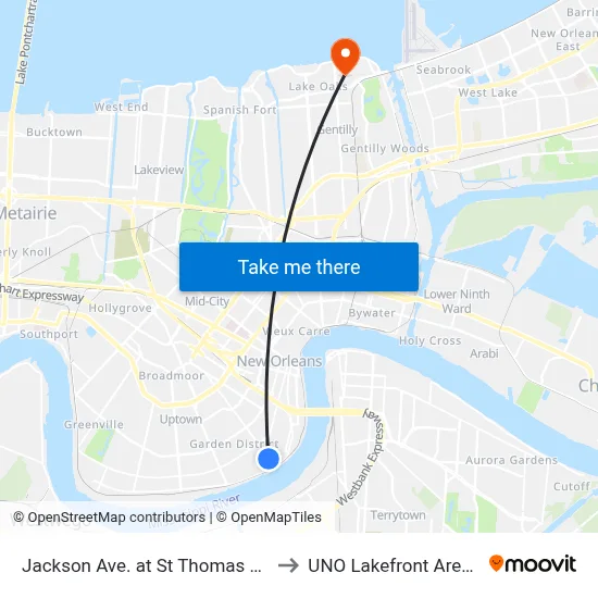 Jackson Ave. at St Thomas St. to UNO Lakefront Arena map