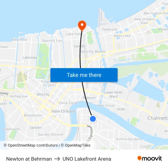 Newton at Behrman to UNO Lakefront Arena map
