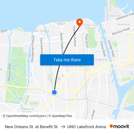 New Orleans St. at Benefit St. to UNO Lakefront Arena map