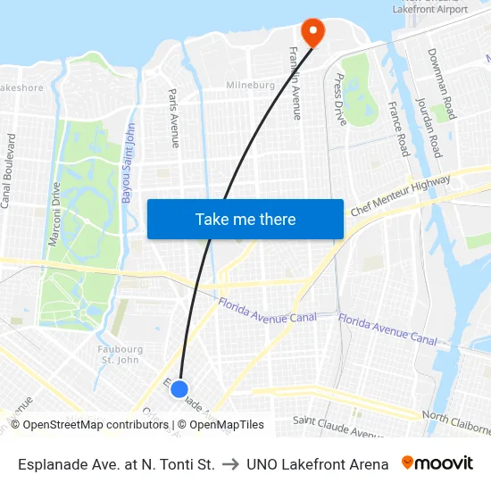 Esplanade Ave. at N. Tonti St. to UNO Lakefront Arena map