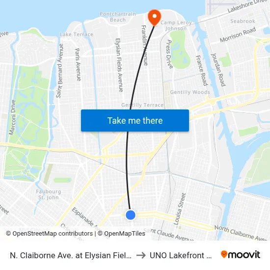 N. Claiborne Ave. at Elysian Fields Ave. to UNO Lakefront Arena map