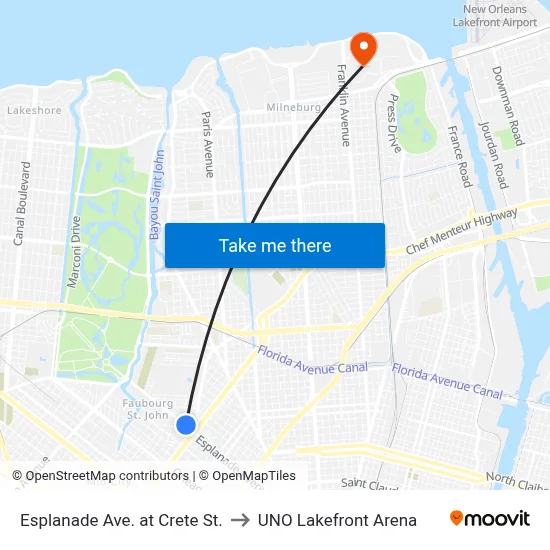 Esplanade Ave. at Crete St. to UNO Lakefront Arena map