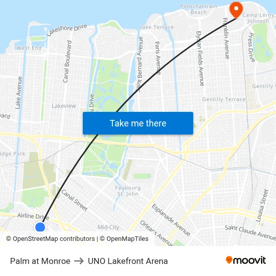 Palm at Monroe to UNO Lakefront Arena map