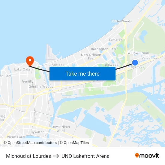Michoud at Lourdes to UNO Lakefront Arena map