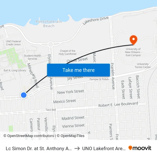 Lc Simon Dr. at St. Anthony Ave. to UNO Lakefront Arena map