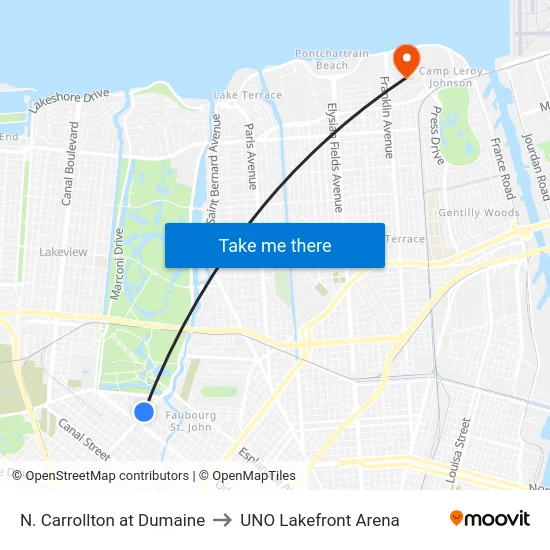 N. Carrollton at Dumaine to UNO Lakefront Arena map