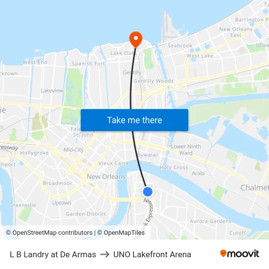 L B Landry at De Armas to UNO Lakefront Arena map