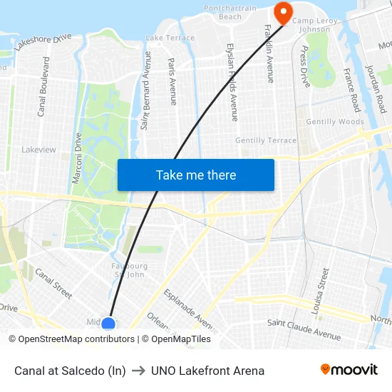 Canal at Salcedo (In) to UNO Lakefront Arena map