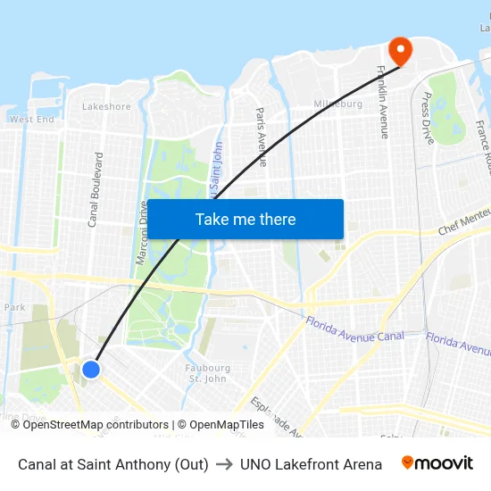 Canal at Saint Anthony (Out) to UNO Lakefront Arena map