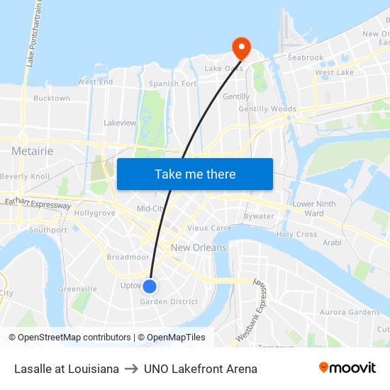 Lasalle at Louisiana to UNO Lakefront Arena map