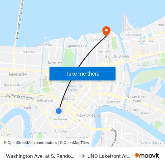 Washington Ave. at S. Rendon St. to UNO Lakefront Arena map