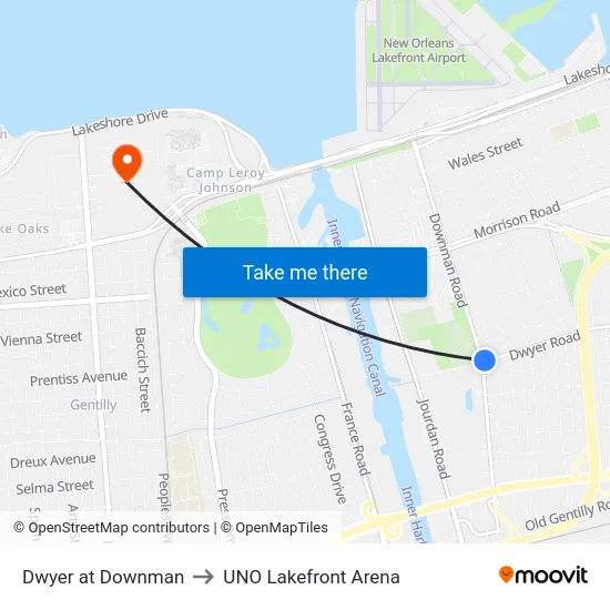 Dwyer Rd. at Downman Rd. to UNO Lakefront Arena map