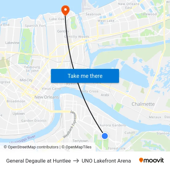 General Degaulle at Huntlee to UNO Lakefront Arena map