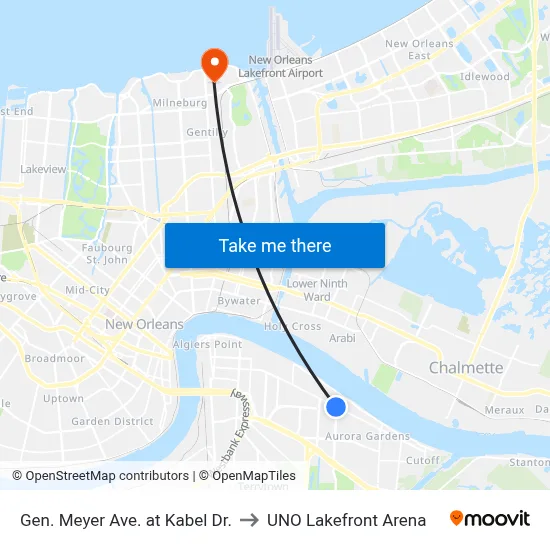Gen. Meyer Ave. at Kabel Dr. to UNO Lakefront Arena map