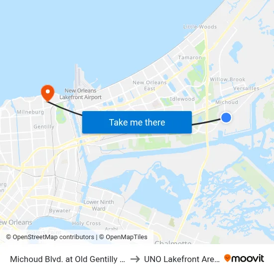 Michoud Blvd. at Old Gentilly Rd. to UNO Lakefront Arena map