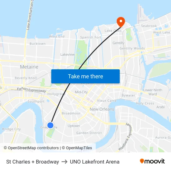 St Charles + Broadway to UNO Lakefront Arena map