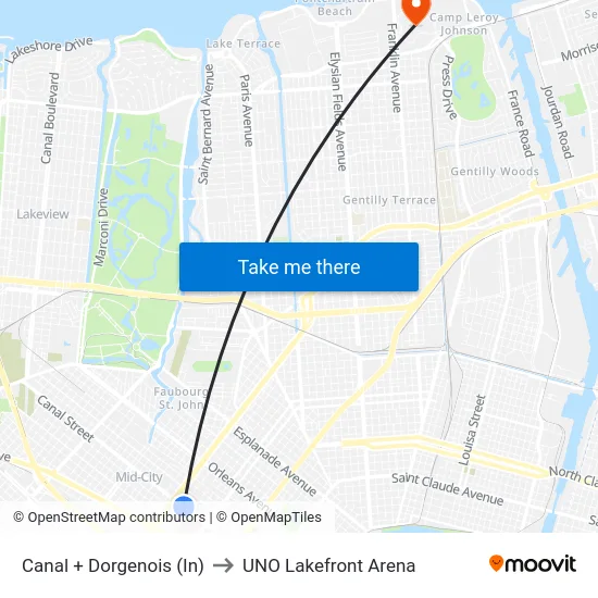 Canal + Dorgenois (In) to UNO Lakefront Arena map