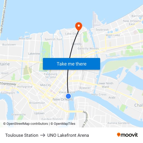 Toulouse Station to UNO Lakefront Arena map