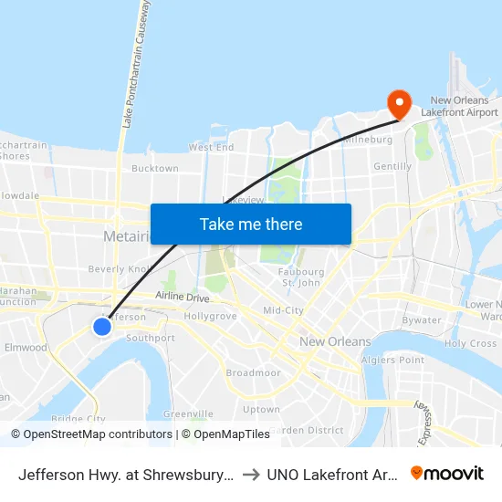 Jefferson Hwy. at Shrewsbury Rd. to UNO Lakefront Arena map
