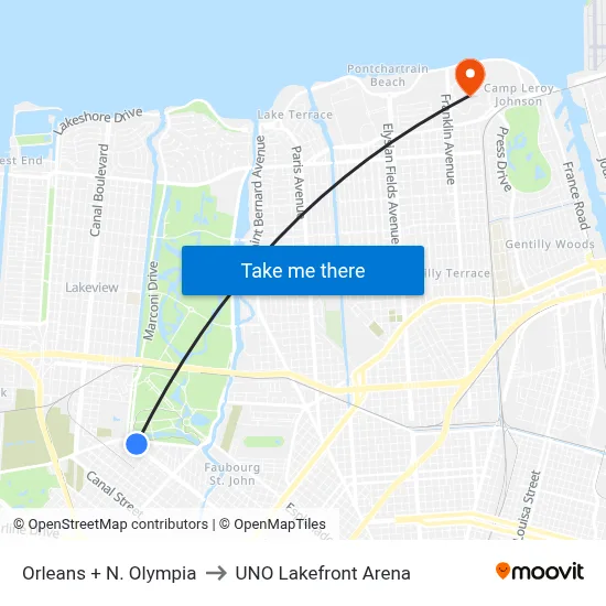 Orleans + N. Olympia to UNO Lakefront Arena map