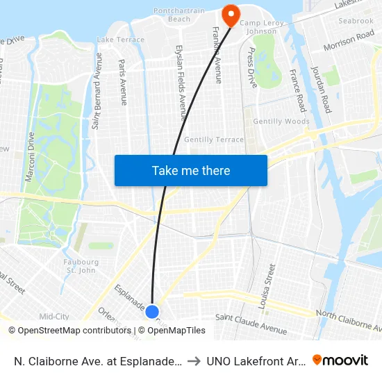 N. Claiborne Ave. at Esplanade Ave. to UNO Lakefront Arena map