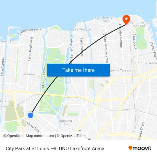 City Park at St Louis to UNO Lakefront Arena map