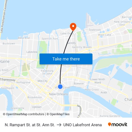 N. Rampart St. at St. Ann St. to UNO Lakefront Arena map